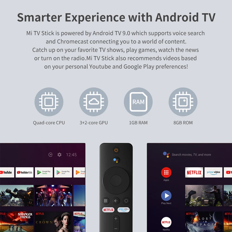 Xiaomi-Versão Global Mi TV Stick, Android TV 9.0, Quad-core, 1080P, Dolby DTS, Decodificação de Áudio HD, 1GB, 8GB, Assistente do Google, Netflix