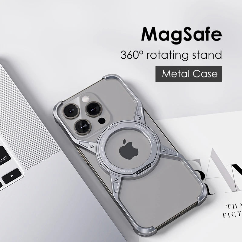 Suporte magnético Metal Phone Case para iPhone, Rotação 360 °, liga de alumínio, sem aro, à prova de choque Bumper Cover, Luxo, iPhone 13, iPhone 14, iPhone 15 Pro Max