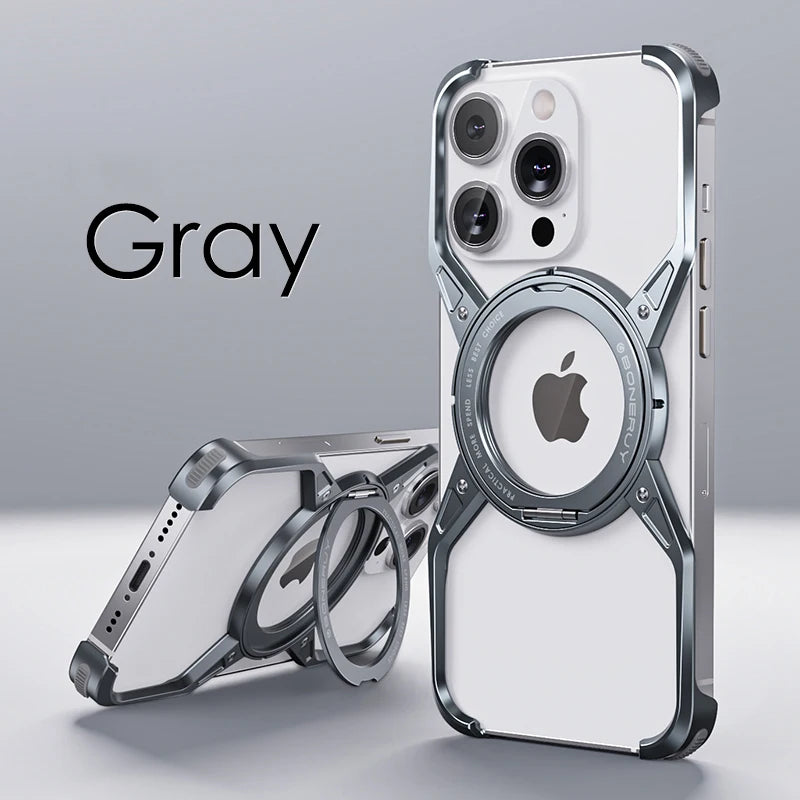 Suporte magnético Metal Phone Case para iPhone, Rotação 360 °, liga de alumínio, sem aro, à prova de choque Bumper Cover, Luxo, iPhone 13, iPhone 14, iPhone 15 Pro Max