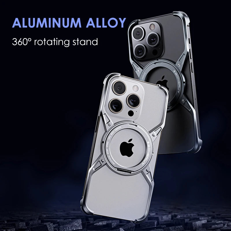 Suporte magnético Metal Phone Case para iPhone, Rotação 360 °, liga de alumínio, sem aro, à prova de choque Bumper Cover, Luxo, iPhone 13, iPhone 14, iPhone 15 Pro Max