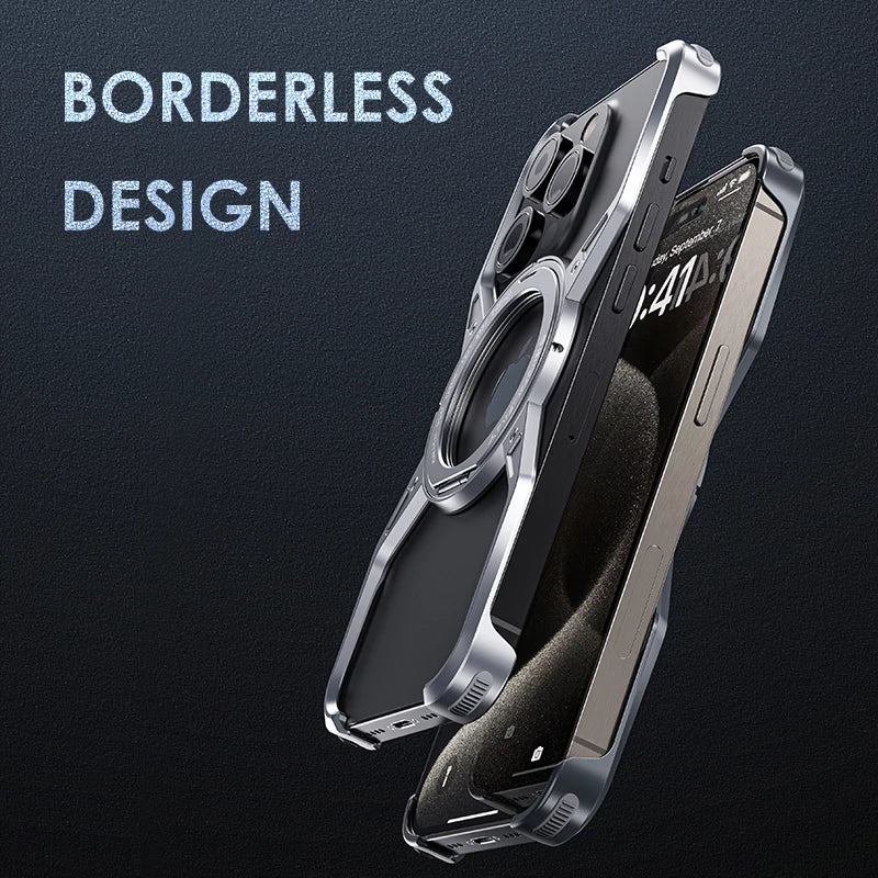 Suporte magnético Metal Phone Case para iPhone, Rotação 360 °, liga de alumínio, sem aro, à prova de choque Bumper Cover, Luxo, iPhone 13, iPhone 14, iPhone 15 Pro Max